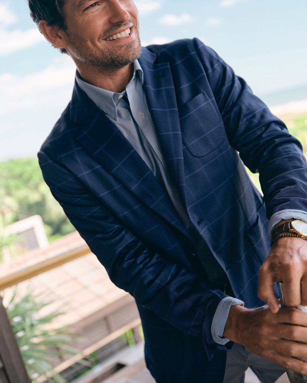 The lifestyle view of the Southern Tide Sampson Stripe Charleston Sport Shirt by Southern Tide - Nautical Blue