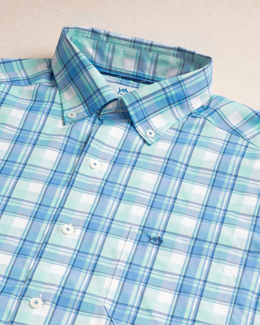 The detail view of the Southern Tide Sandbar Coastal Breeze® Sport Shirt by Southern Tide - Shore Blue