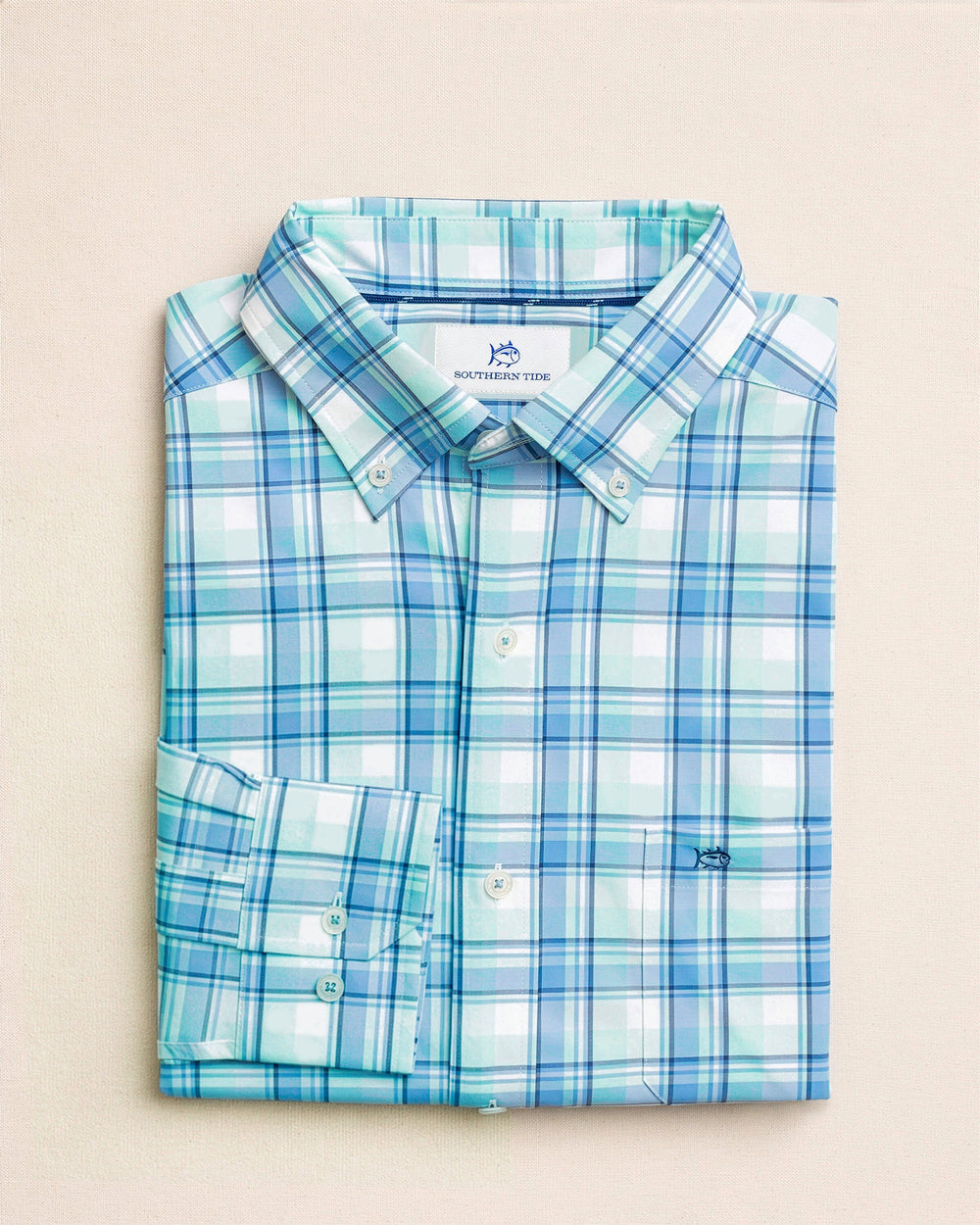 The front view of the Southern Tide Sandbar Coastal Breeze® Sport Shirt by Southern Tide - Shore Blue
