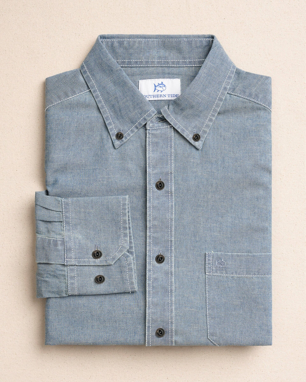 The front view of the Southern Tide Sandy Beach Chambray Sport Shirt by Southern Tide - Blue Chambray