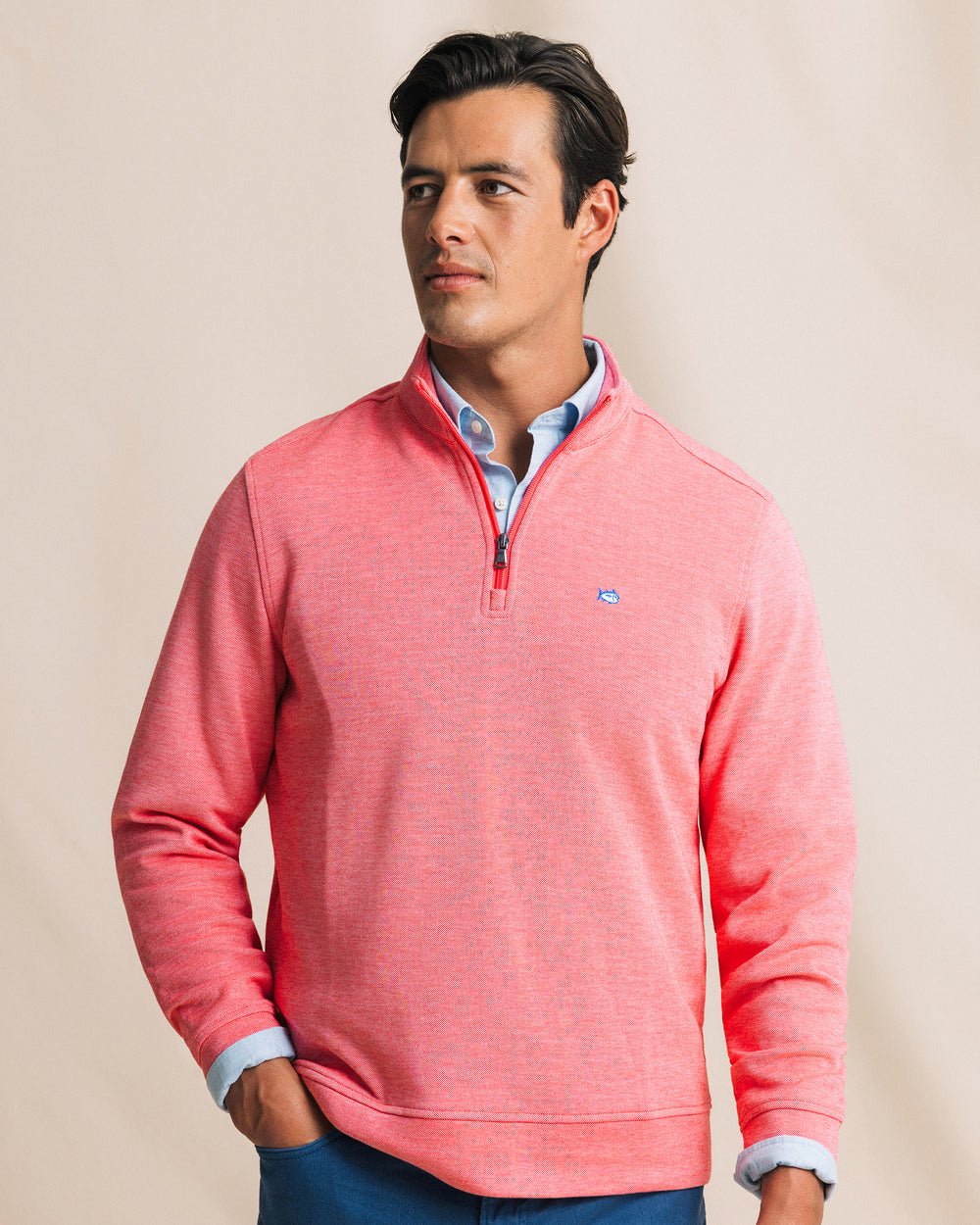 The front view of the Southern Tide Sandy Cove Pique Quarter Zip by Southern Tide - Channel Marker Red