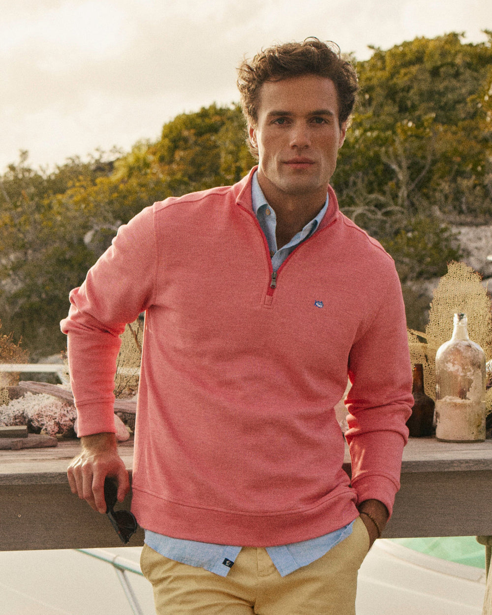 The lifestyle view of the Southern Tide Sandy Cove Pique Quarter Zip by Southern Tide - Channel Marker Red