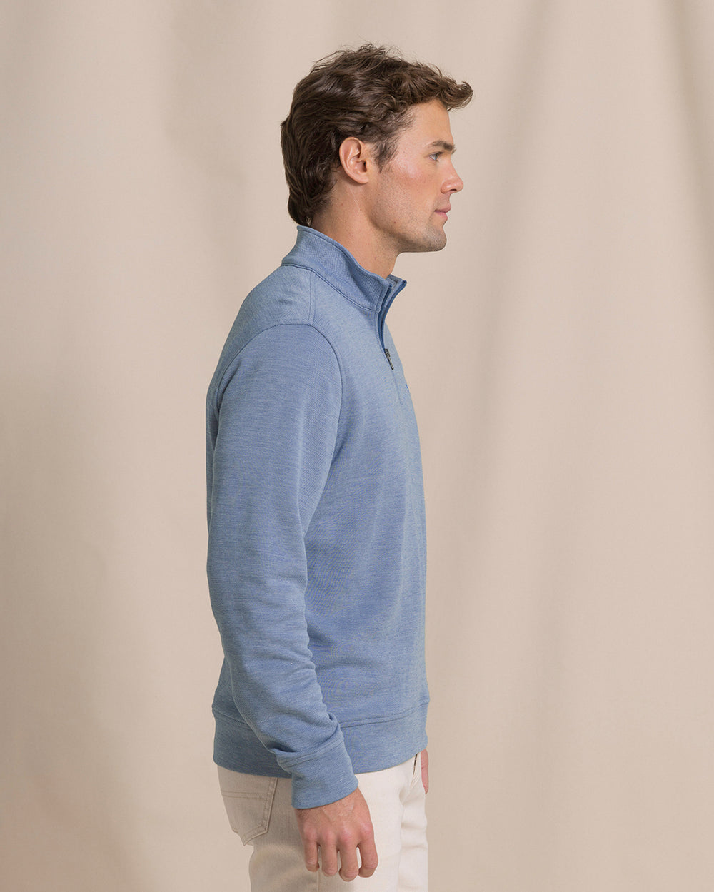 The side view of the Southern Tide Sandy Cove Pique Quarter Zip by Southern Tide - Nautical Blue