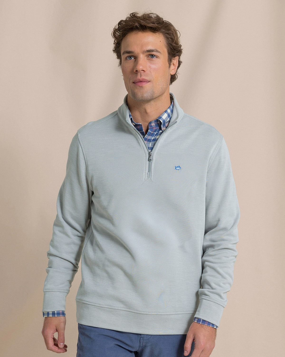 The front view of the Southern Tide Sandy Cove Pique Quarter Zip by Southern Tide - Steel Grey