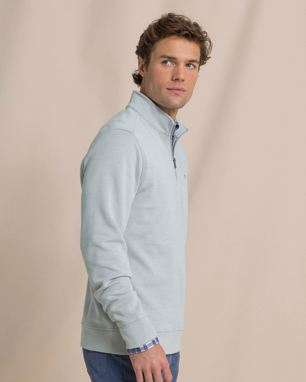 The side view of the Southern Tide Sandy Cove Pique Quarter Zip by Southern Tide - Steel Grey