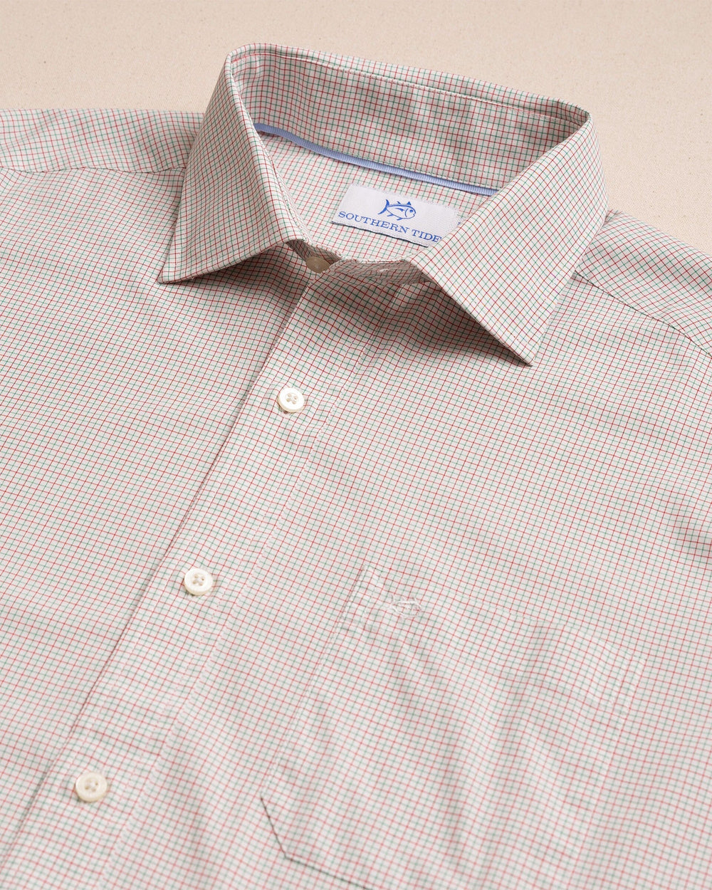 The detail view of the Southern Tide Screen Porch Plaid Charleston Sport Shirt by Southern Tide - Salsa Red