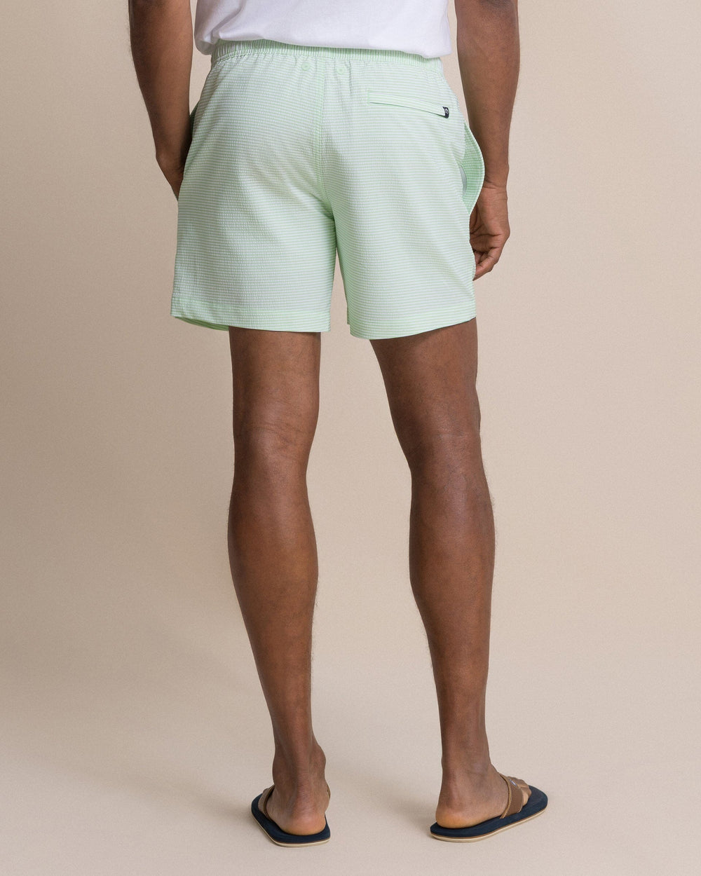 The back view of the Southern Tide Seersucker Stripe Maritime Swim Trunk by Southern Tide - Green Ash