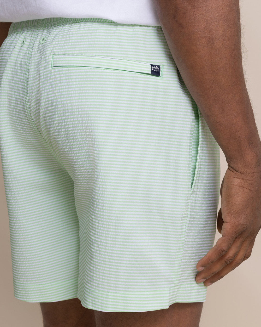 The detail view of the Southern Tide Seersucker Stripe Maritime Swim Trunk by Southern Tide - Green Ash