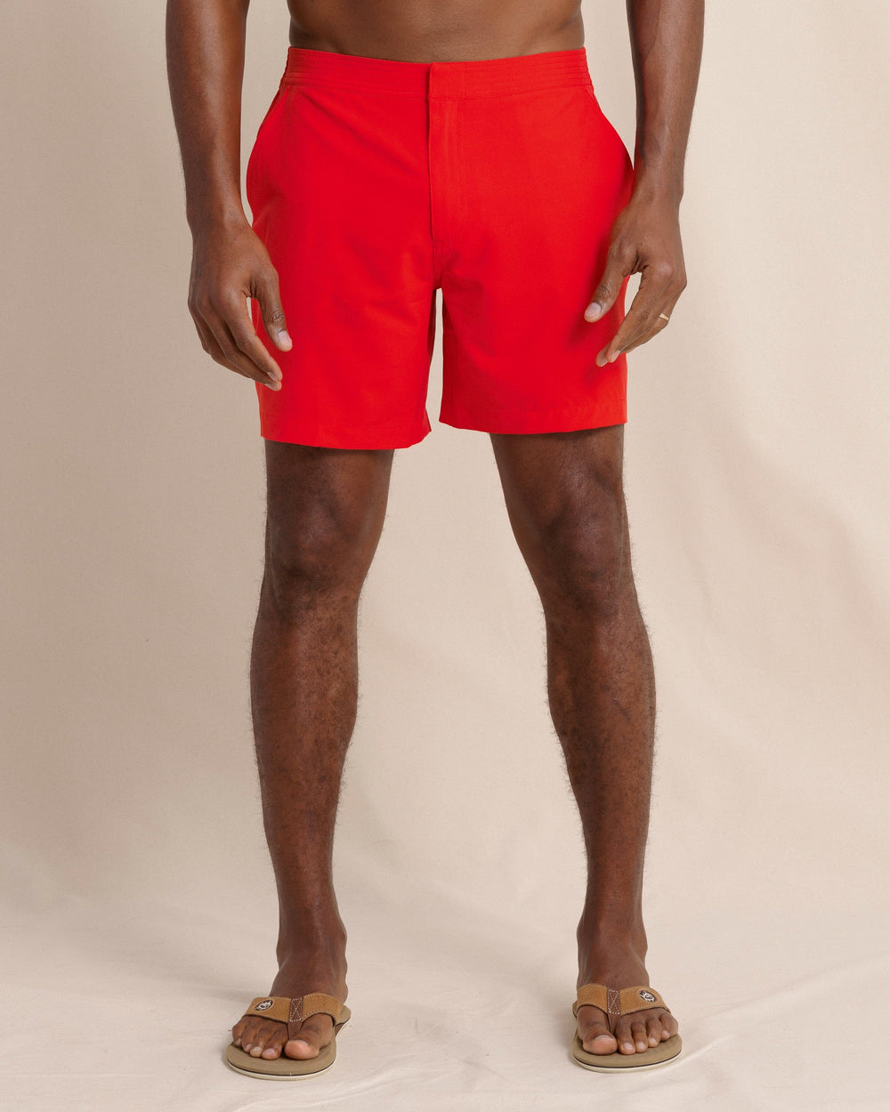 The front view of the Southern Tide Shelter Cove Swim Trunk by Southern Tide - Poppy Red