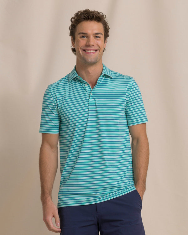 The front view of the Southern Tide Shipwatch Stripe Coastal Breeze® Performance Polo by Southern Tide - Persian Green