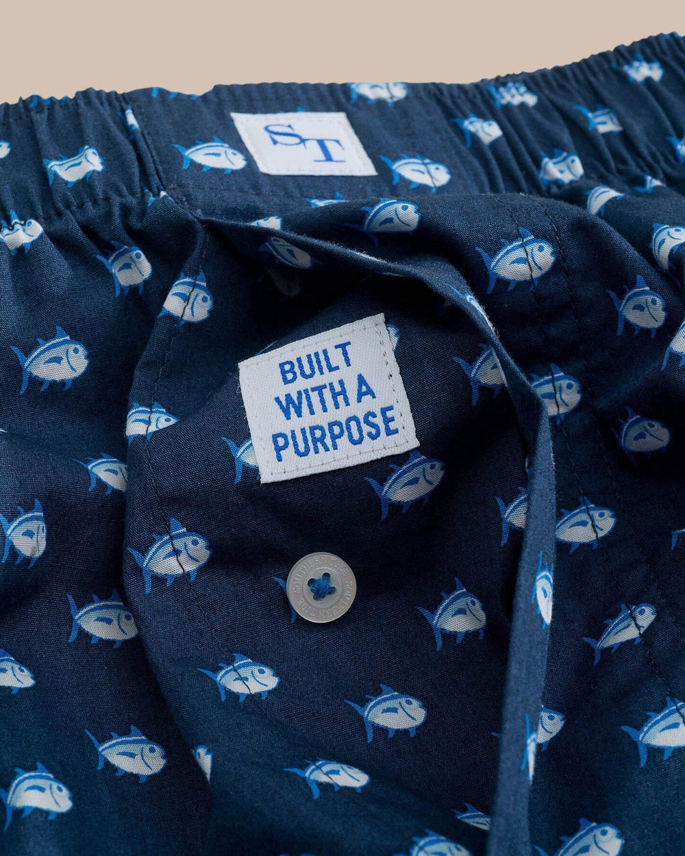 The fly of the Men's Navy Skipjack Boxer Shorts by Southern Tide - True Navy