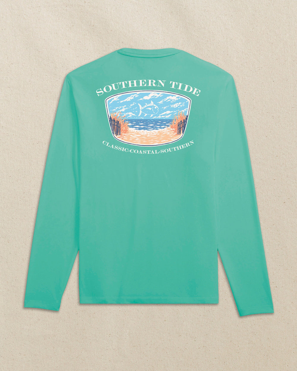The back view of the Southern Tide Skipjack Cloud Beach Badge Long Sleeve T-Shirt by Southern Tide - Persian Green