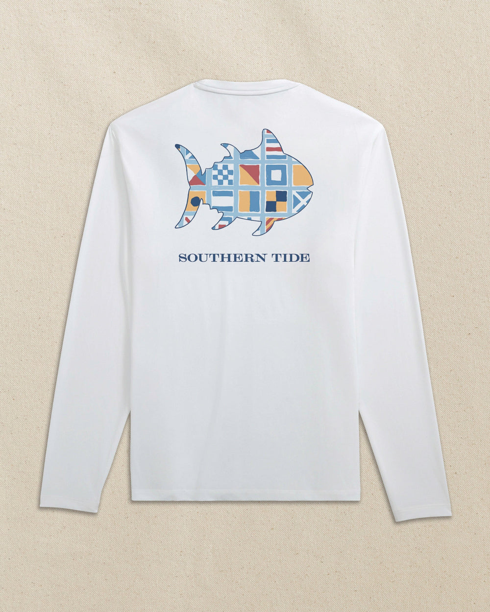 The back view of the Southern Tide Skipjack Fill Nautical Flag Long Sleeve Performance T-Shirt by Southern Tide - Classic White