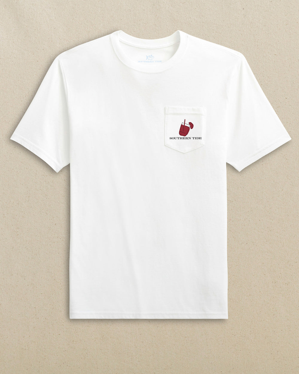 The front view of the Southern Tide Skipjack Fill Tailgate Short Sleeve T-Shirt by Southern Tide - Crimson and Black