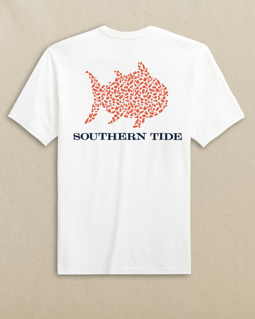 The back view of the Southern Tide Skipjack Fill Tailgate Short Sleeve T-Shirt by Southern Tide - Endzone Orange and Navy