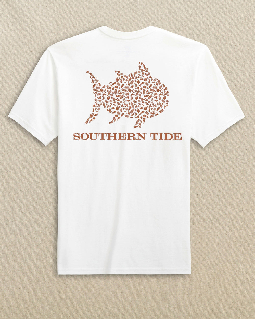 The back view of the Southern Tide Skipjack Fill Tailgate Short Sleeve T-Shirt by Southern Tide - White and Rust