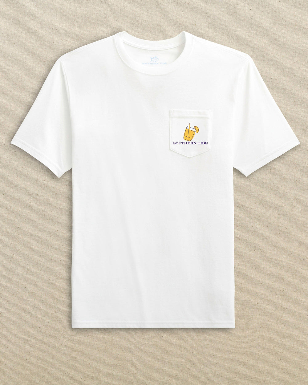 The front view of the Southern Tide Skipjack Fill Tailgate Short Sleeve T-Shirt by Southern Tide - Yellow and Regal Purple