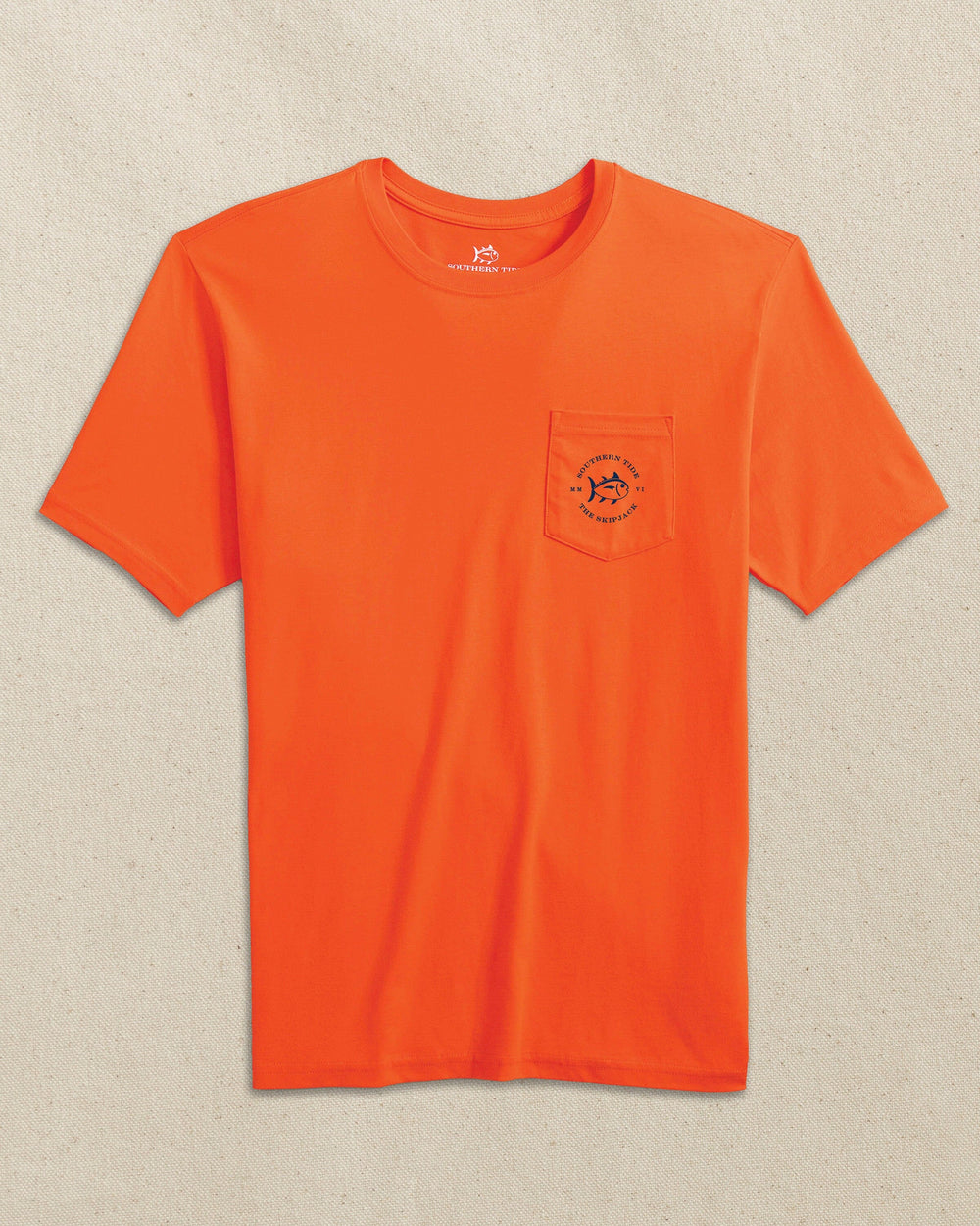 The front view of the Southern Tide Skipjack Play Short Sleeve T-Shirt by Southern Tide - Endzone Orange and Navy