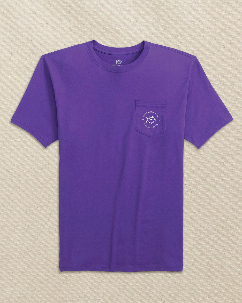The front view of the Southern Tide Skipjack Play Short Sleeve T-Shirt by Southern Tide - Regal Purple and Yellow