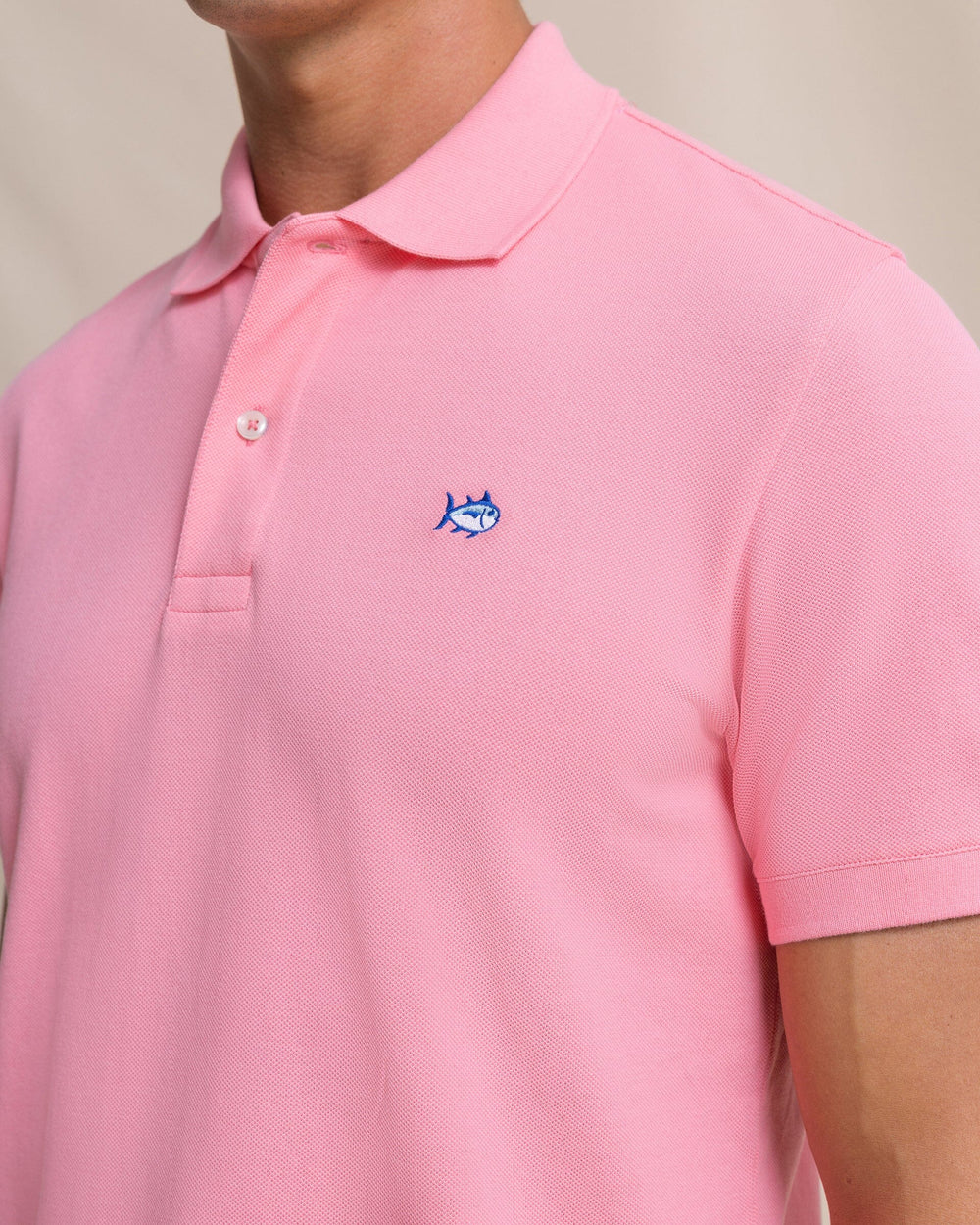 The detail view of the Southern Tide Skipjack Polo Shirt by Southern Tide - Sea Pink