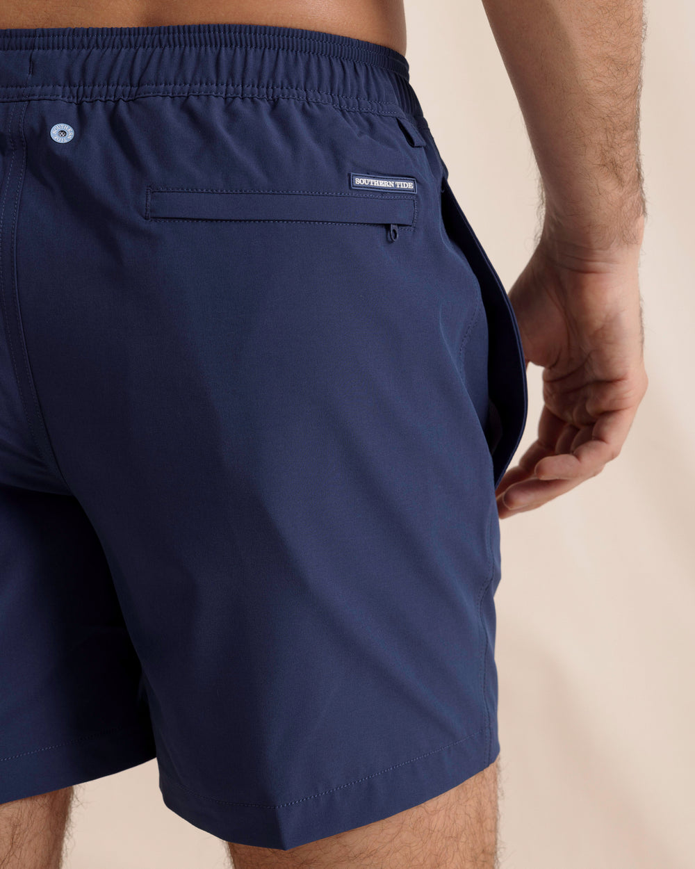 The detail view of the Southern Tide Solid Swim Trunk 3 by Southern Tide - True Navy