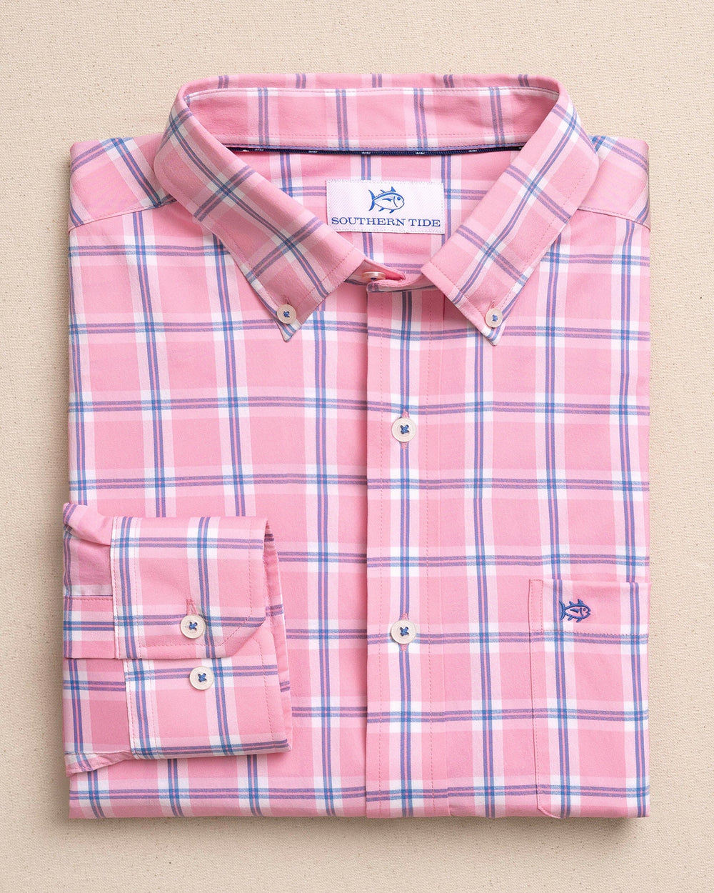 The front view of the Southern Tide South Beach Coastal Breeze® Sport Shirt by Southern Tide - Sea Pink