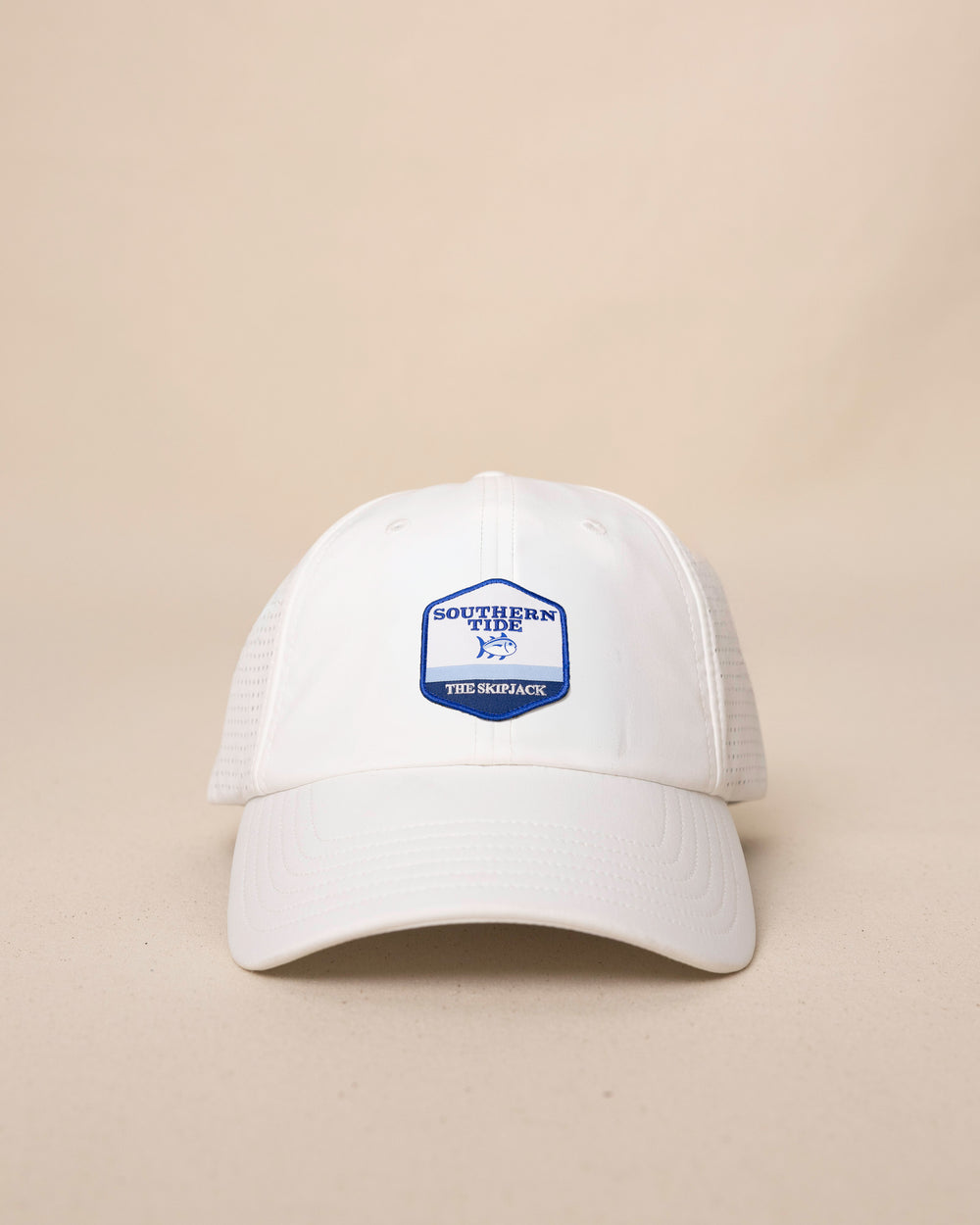 The front view of the Southern Tide Southern Tide Badge Performance Trucker Hat by Southern Tide - White