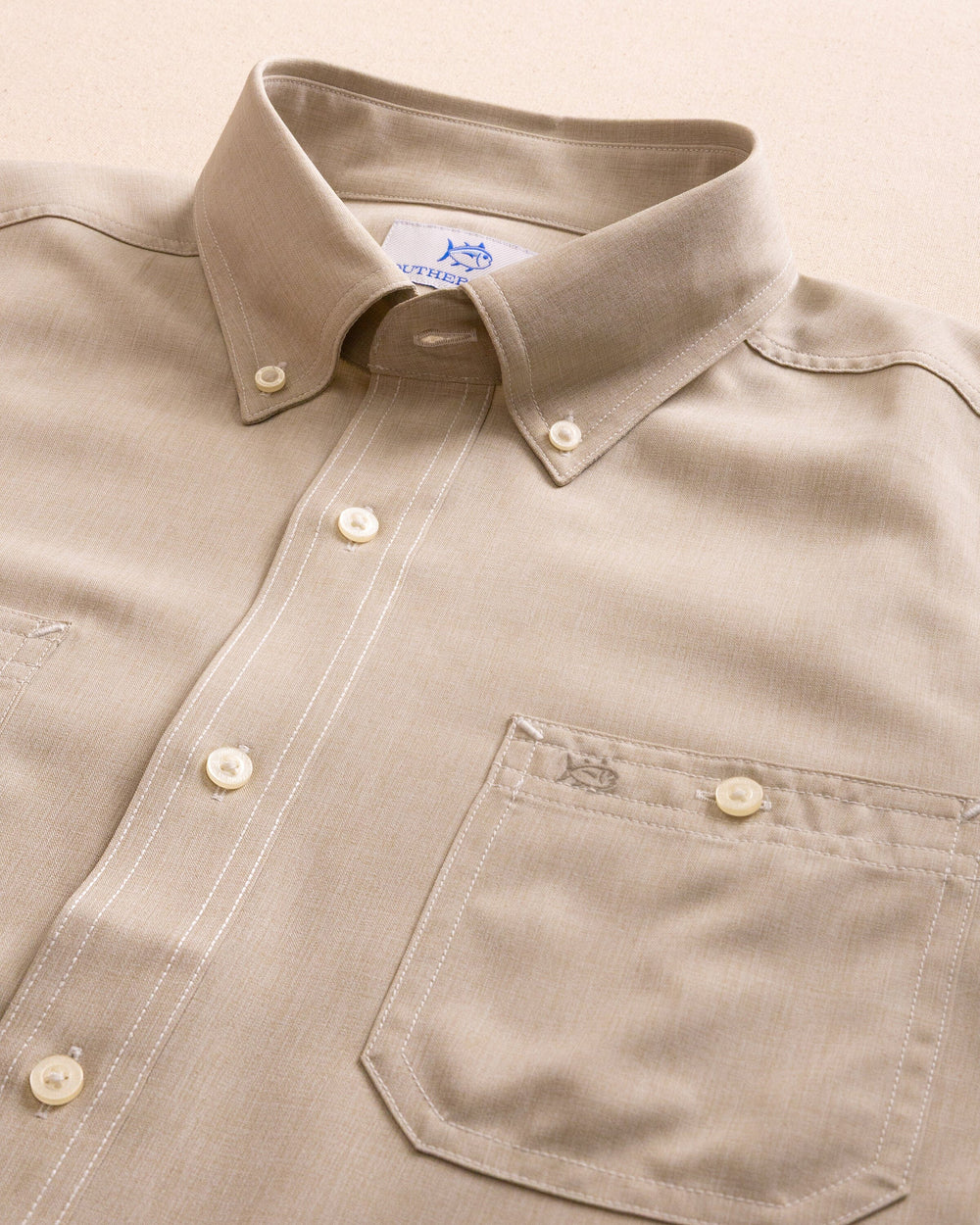 The detail view of the Southern Tide Dock Shirt by Southern Tide - Sandstone Khaki