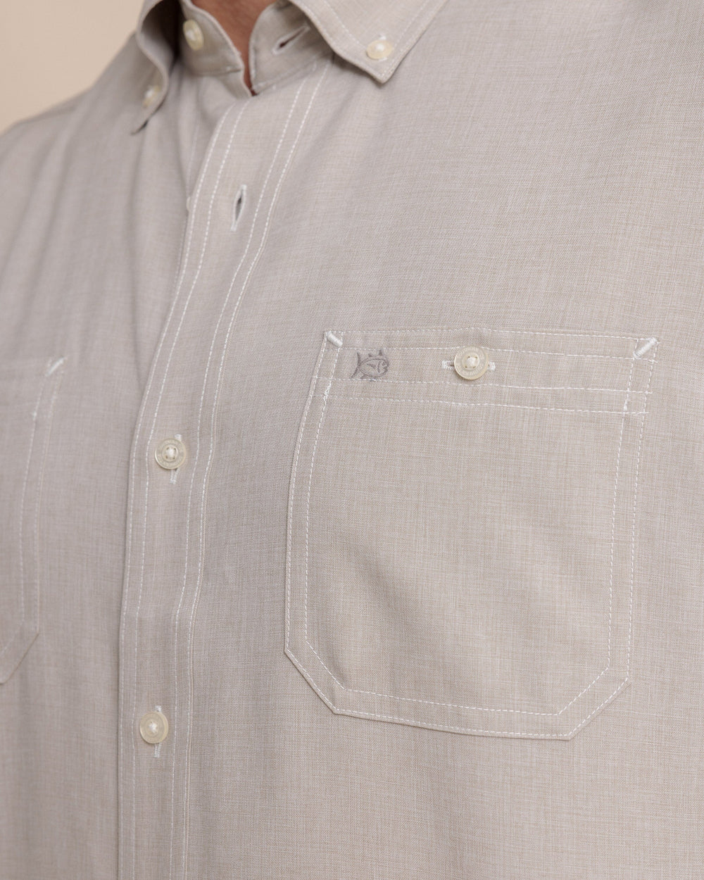 The detail view of the Southern Tide Dock Shirt by Southern Tide - Sandstone Khaki