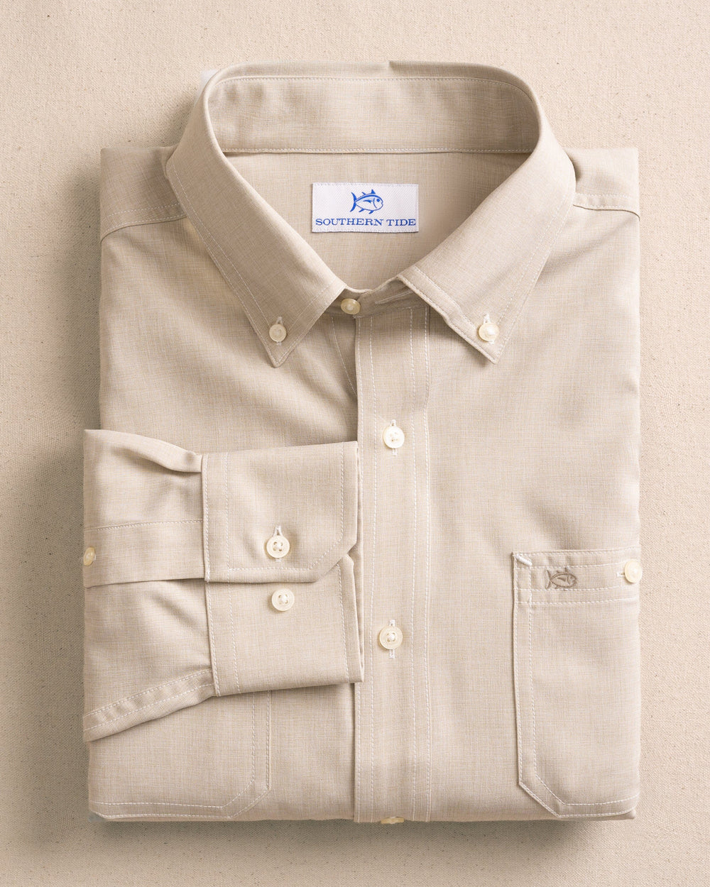 The front view of the Southern Tide Dock Shirt by Southern Tide - Sandstone Khaki
