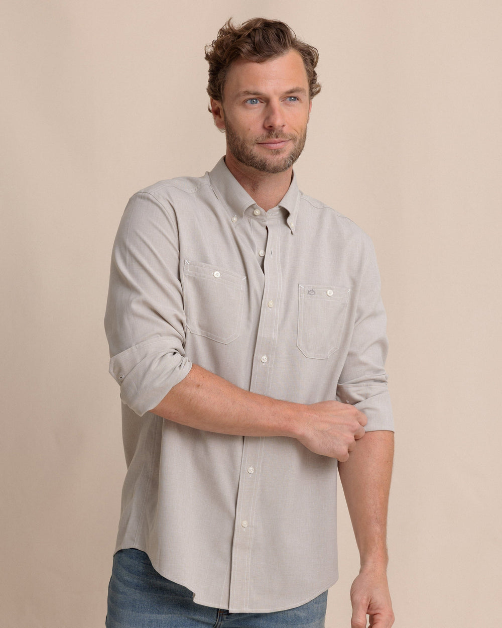 The front view of the Southern Tide Dock Shirt by Southern Tide - Sandstone Khaki