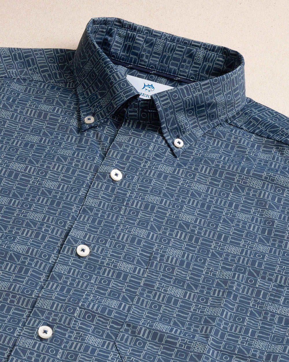 The detail view of the Southern Tide ST Nautical Flags Coastal Breeze® Short Sleeve Sport Shirt by Southern Tide - Nautical Blue