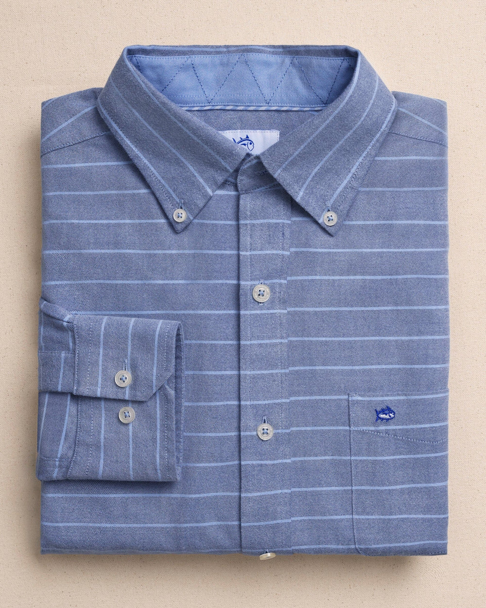The front view of the Southern Tide Stringline Charleston Oxford Stripe Sport Shirt by Southern Tide - Nautical Blue
