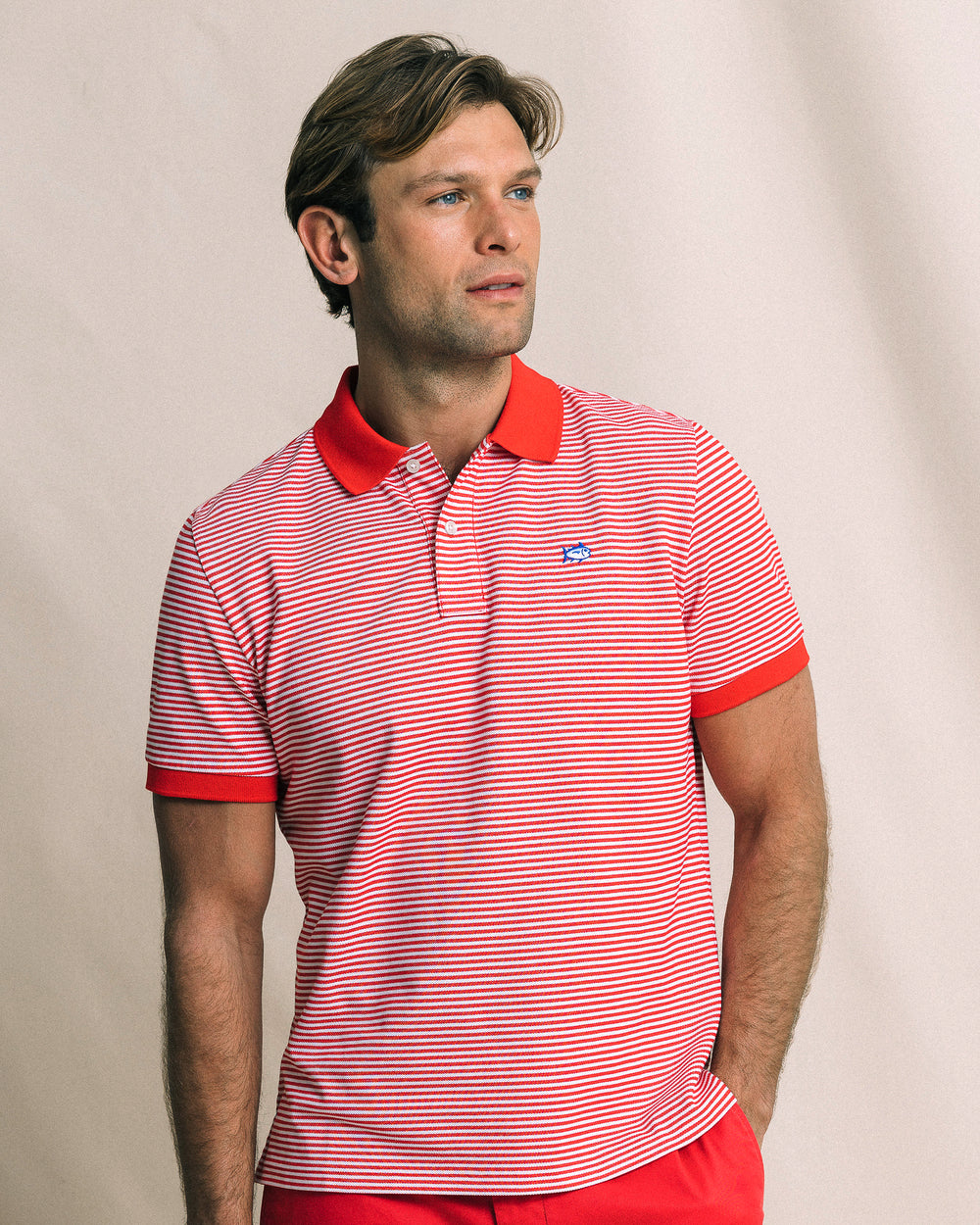 The front view of the Southern Tide Striped Skipjack Polo by Southern Tide - Channel Marker Red