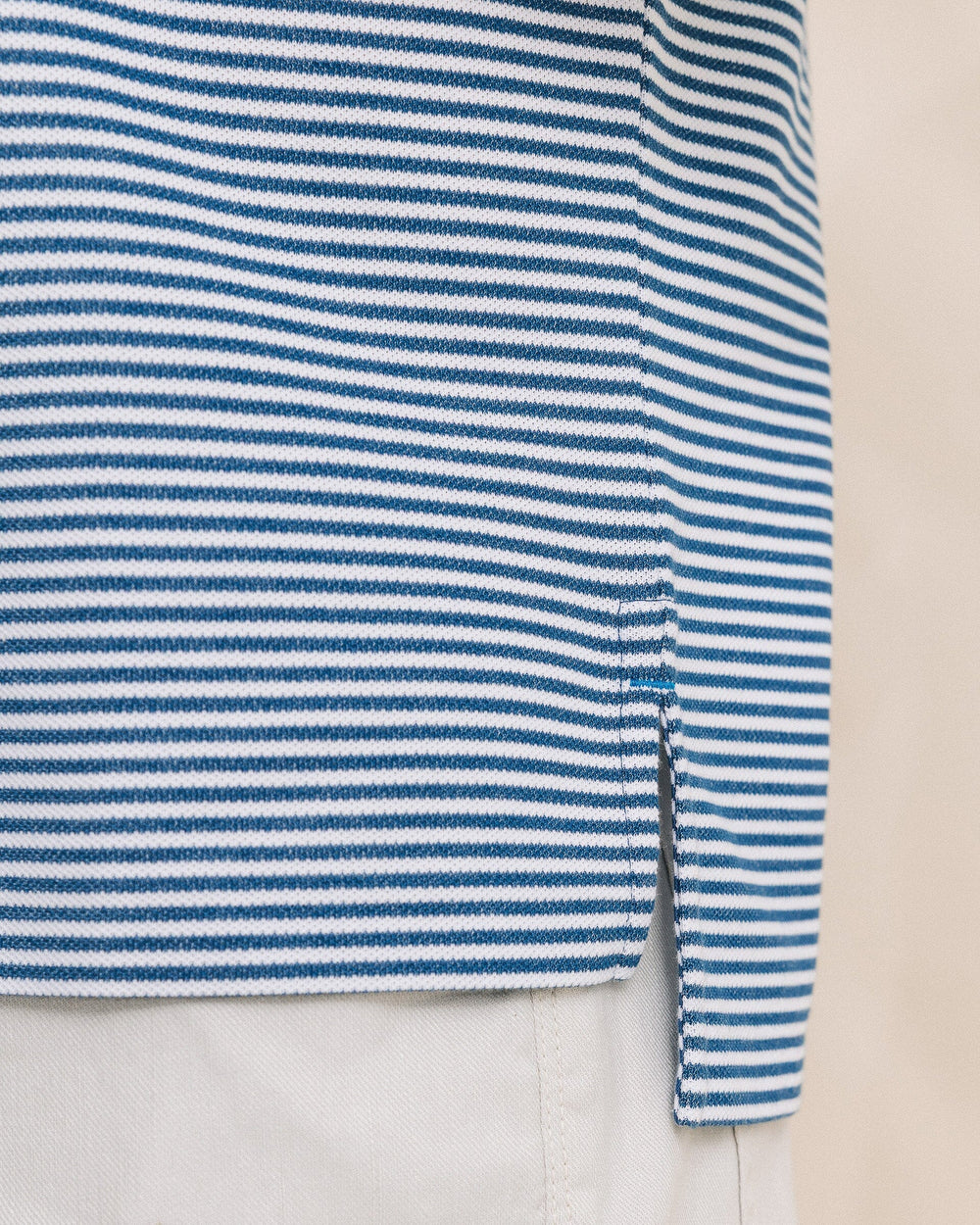 The detail view of the Southern Tide Striped Skipjack Polo by Southern Tide - Nautical Blue