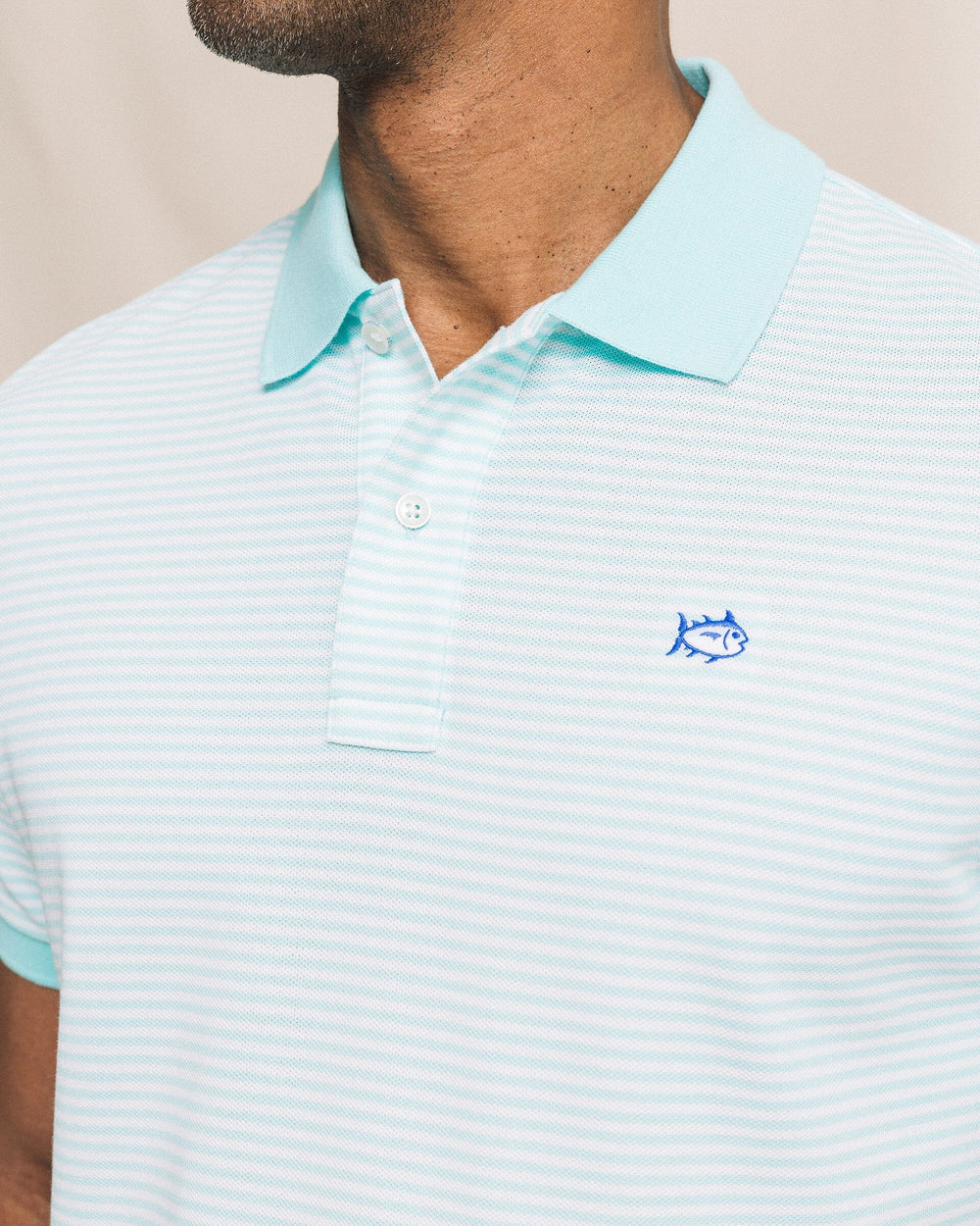 The detail view of the Southern Tide Striped Skipjack Polo by Southern Tide - Shore Blue