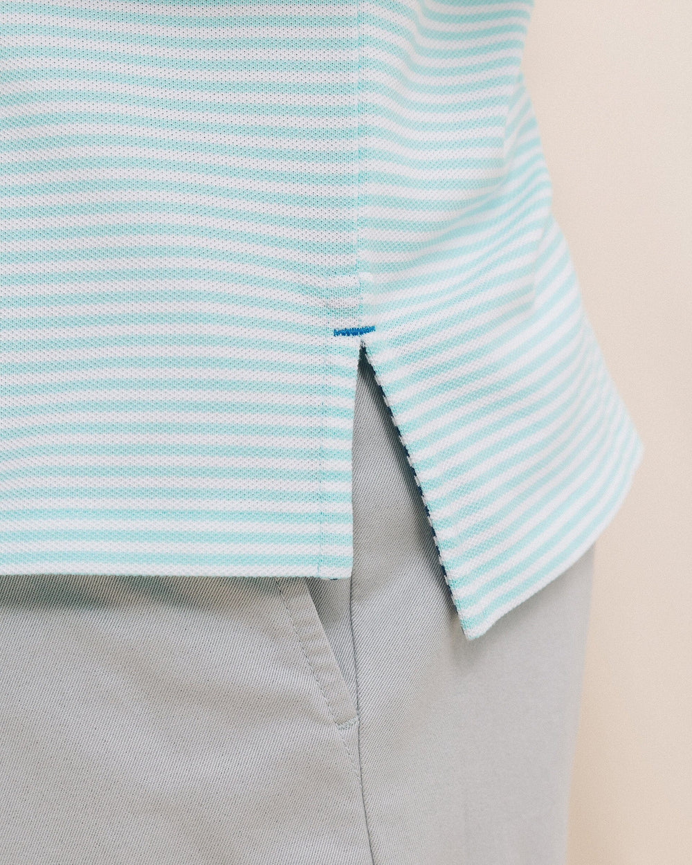 The detail view of the Southern Tide Striped Skipjack Polo by Southern Tide - Shore Blue