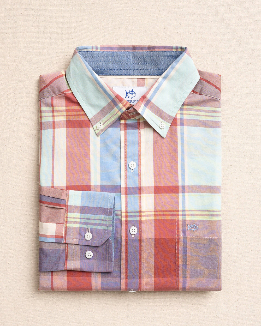 The front view of the Southern Tide Surfside Madras Sport Shirt by Southern Tide - White Sand