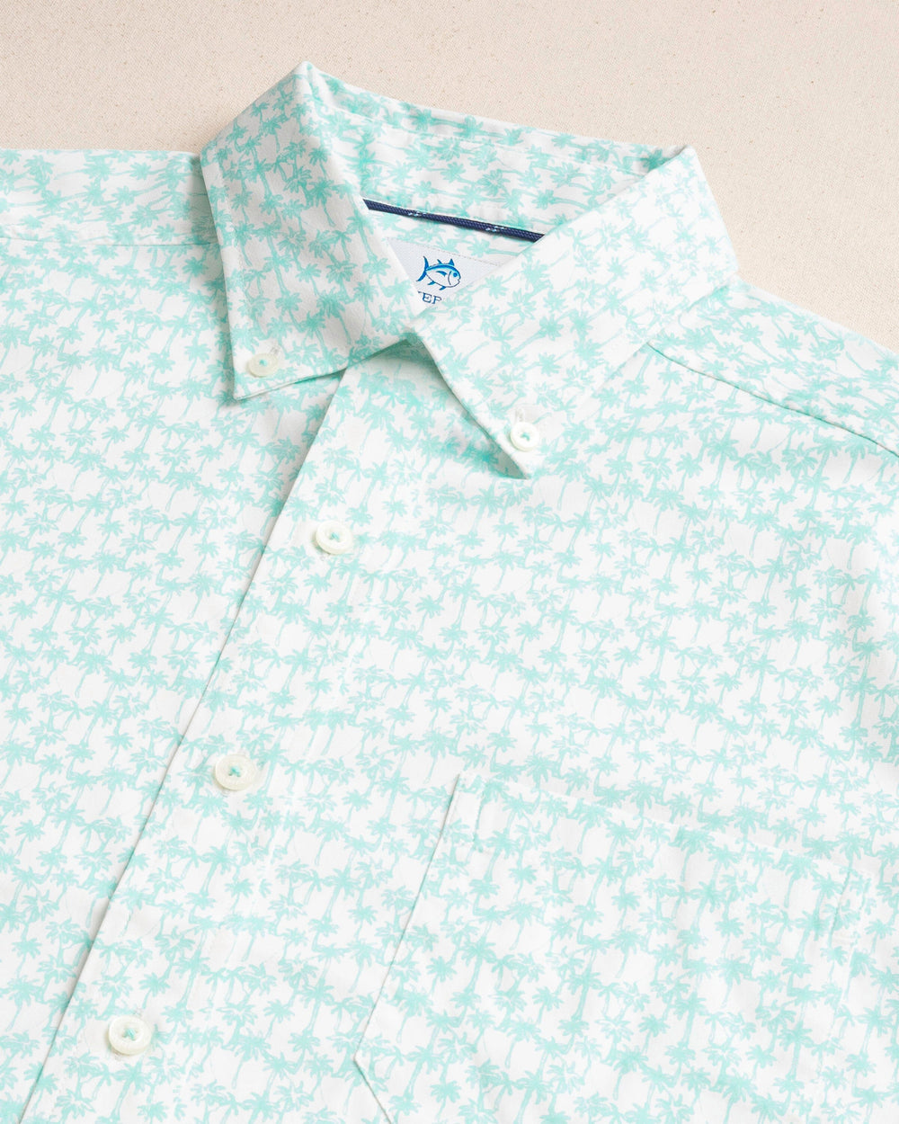 The detail view of the Southern Tide Talk To The Palm Coastal Breeze® Short Sleeve Sport Shirt by Southern Tide - Shore Blue