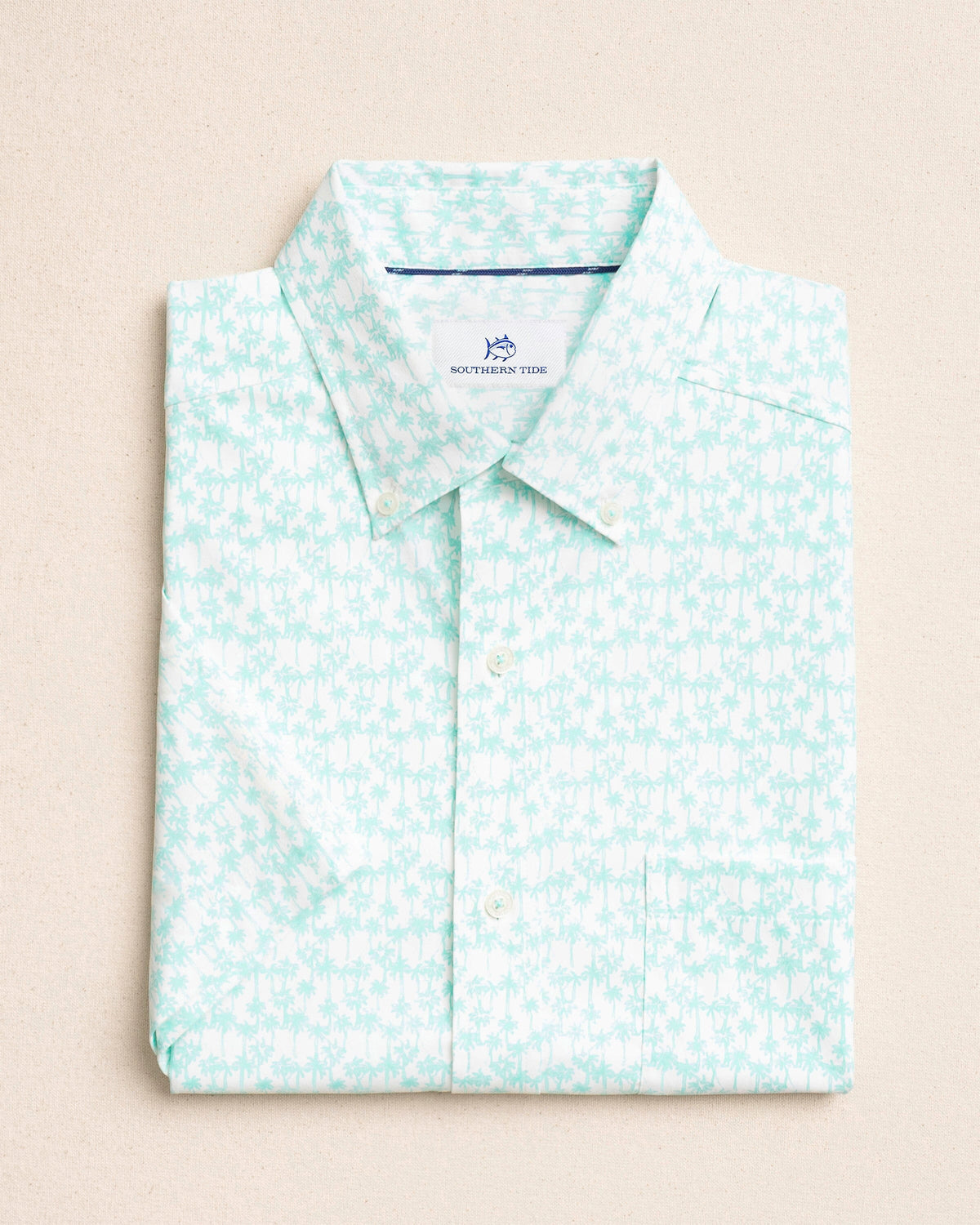The front view of the Southern Tide Talk To The Palm Coastal Breeze® Short Sleeve Sport Shirt by Southern Tide - Shore Blue