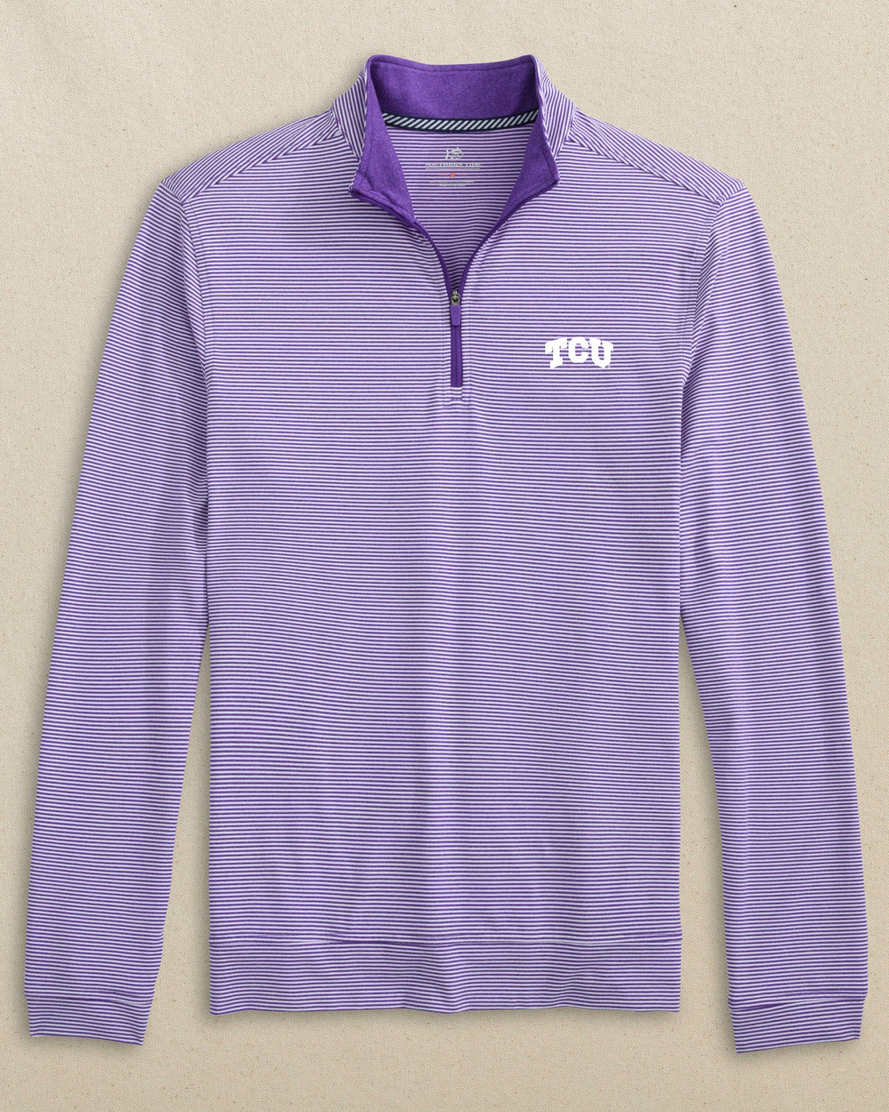 The front view of the Southern Tide TCU Horned Frogs Cruiser Micro-Stripe Heather Quarter Zip by Southern Tide - Heather Regal Purple