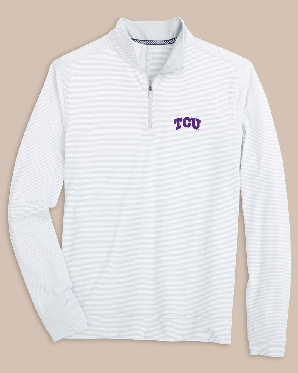 The front view of the Southern Tide TCU Horned Frogs Cruiser Micro-Stripe Heather Quarter Zip by Southern Tide - Heather Slate Grey