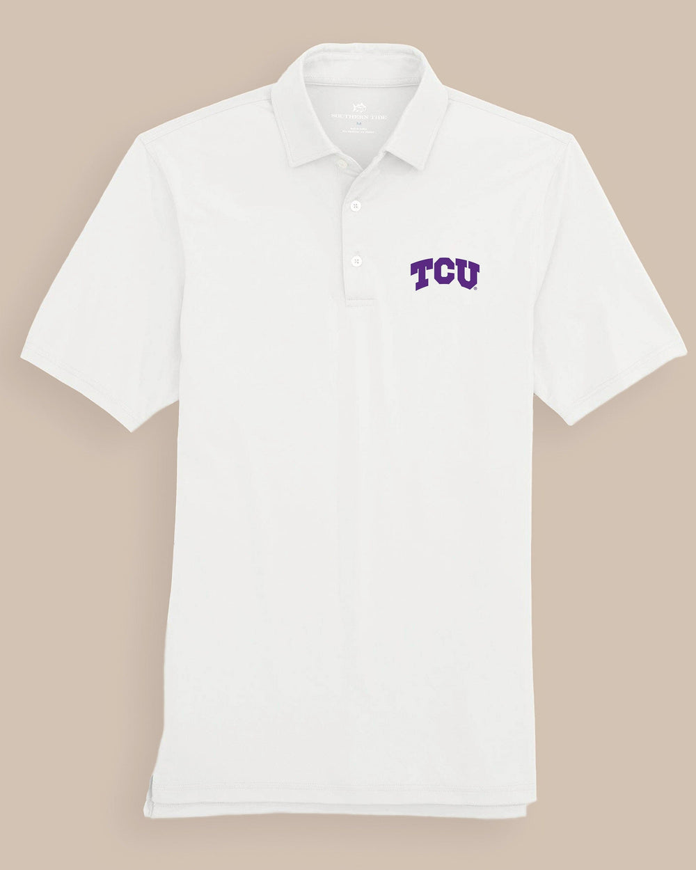 The front view of the Southern Tide TCU Horned Frogs Ryder Polo Shirt by Southern Tide - Classic White