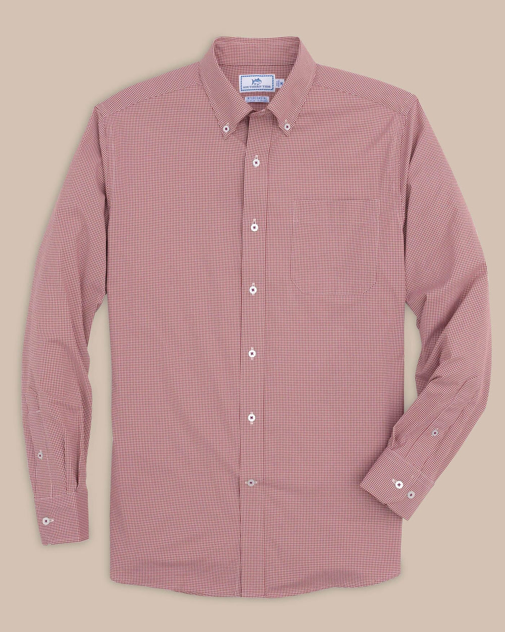 The front view of the Southern Tide Team Colors Gingham Intercoastal Sport Shirt by Southern Tide - Crimson