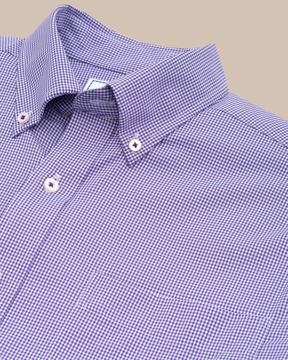 The detail view of the Southern Tide Team Colors Gingham Intercoastal Sport Shirt by Southern Tide - Regal Purple