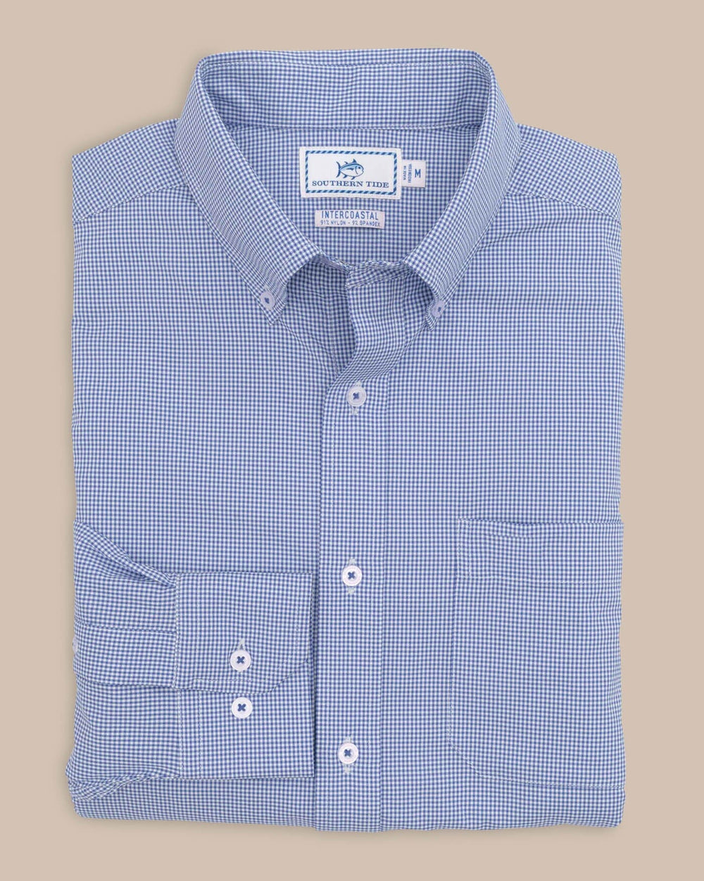 The front view of the Southern Tide Team Colors Gingham Intercoastal Sport Shirt by Southern Tide - University Blue
