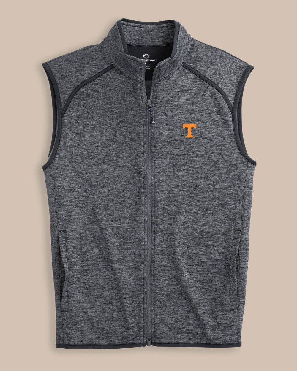 The front view of the Tennessee Vols Baybrook Heather Vest by Southern Tide - Heather Black