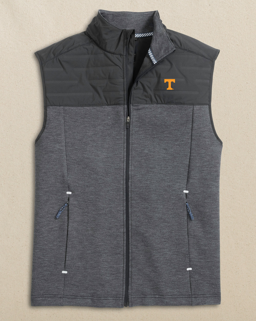 The front view of the Southern Tide Tennessee Vols Coligny Quilted Vest by Southern Tide - Caviar Black