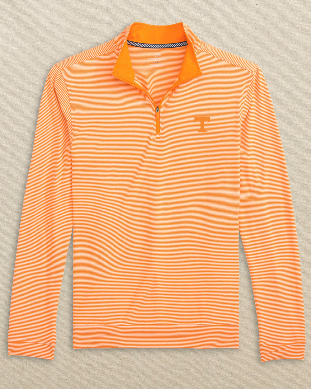 The front view of the Tennessee Vols Cruiser Micro-Stripe Heather Quarter Zip by Southern Tide - Heather Rocky Top Orange