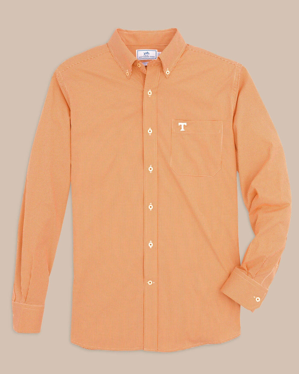 The front view of the Tennessee Vols Gingham Button Down Shirt by Southern Tide - Rocky Top Orange